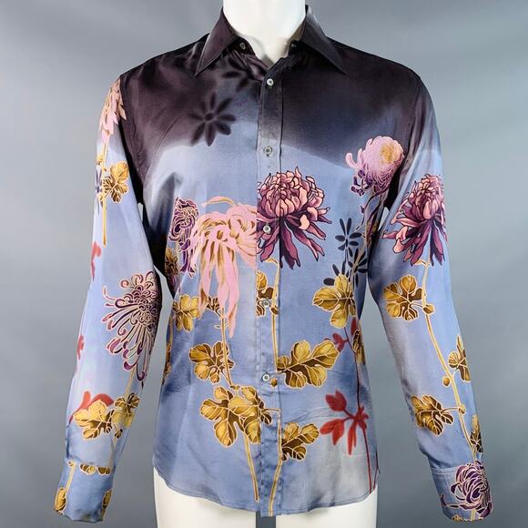 GUCCI by TOM FORD S Blue Multi Color Floral Silk French Cuff Long Sleeve Shirt - Picture 1 of 10